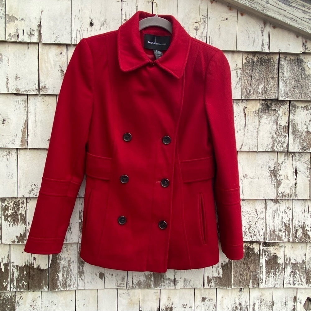 Moda Internacional Red Wool Blend Pea Coat - Picture 5 of 6